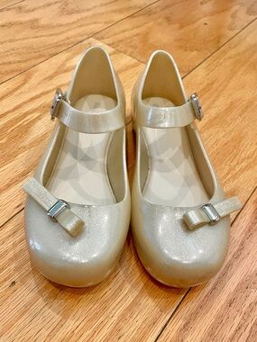 Mini Melissa Girls' Glittery Gold Bow Flats With Silver Buckles